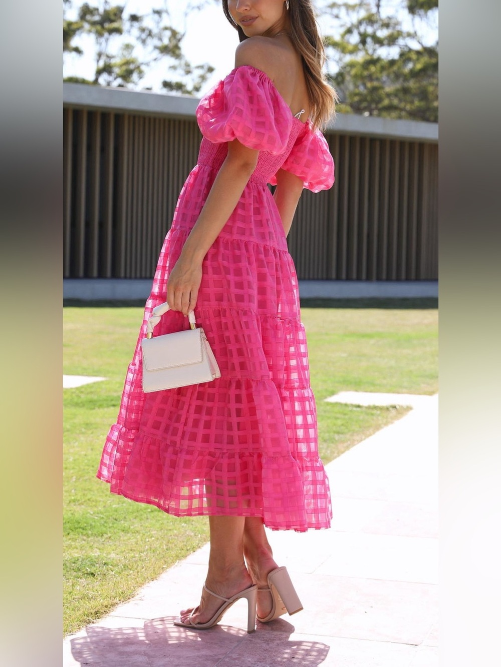 PrettyGarden Women’s Rose Pink Off-Shoulder Puff Sleeve Midi Dress Size XXL